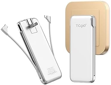 TG90° 10000mah Portable Charger with Built in AC Wall Plug, Slim Power Bank with Built in Cables Portable Battery Pack Charger Compatible with iPhone Android Smart Devices
