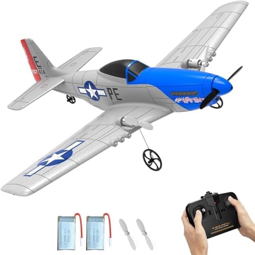 VOLANTEXRC RC Plane P51D Mustang RTF for Beginners, 2.4Ghz 2CH Remote Control Airplane Easy to Fly with Gyro Stabilization, Outdoor Hobby WWII Toy Gift for Kids & Adults (Blue)