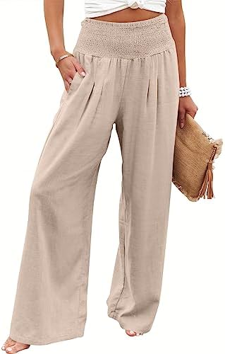 ANRABESS Women Linen Palazzo Pants Summer Boho Wide Leg High Waist Casual Lounge Pant Trousers with Pockets
