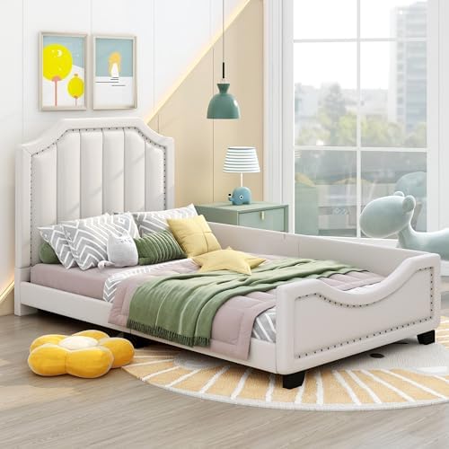 Twin Upholstered Bed with Headboard, Low Platform Bed Frame with Rails for Kids, Linen Fabric Child Bed for Girls Boys Teens, Beige