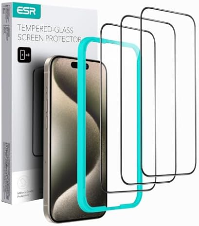 ESR 3 Pack for iPhone 15 Pro Max Screen Protector, 3 Black Edge Tempered-Glass Film with Easy Installation Tool, 2.5D Curved Edges, Full-Coverage Military-Grade Protection, Scratch Resistant