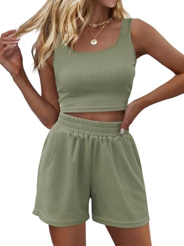 Trendy Queen Two Piece Summer Outfits Women Shorts Sets 2 Piece Sleeveless Matching Lounge Crop Top and High Waisted Shorts