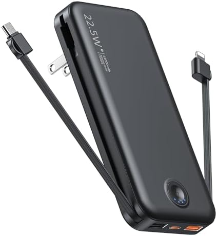 Nusyddy Portable Charger with Built in Cable and AC Wall Plug, USB C Power Bank 12000mAh 22.5W Super Fast Charging, Lightweight Portable Phone Charger Travel Battery Pack for iPhone, Samsung, Tablets