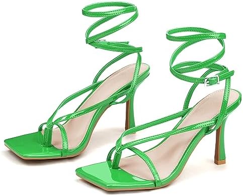 Coutgo Women's Lace Up Heeled Sandals Flip Flop Pumps Square Open Toe Strappy Stiletto Heels Summer Dress Shoes