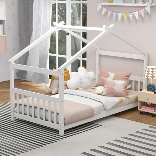 KOMFOTT Twin Wood House Bed for Kids, Low Profile Floor Bed Frame with Roof, Headboard & Footboard, Tent Bed for Toddlers, Boys & Girls, Wood Montessori Bed, No Box Spring Needed (White)