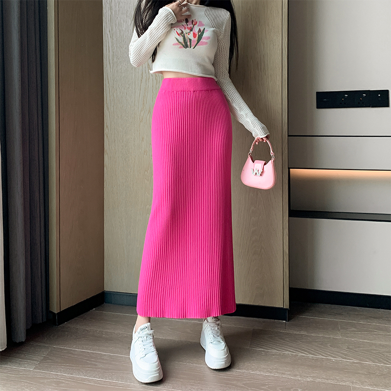Candy Color Knitted Straight Sunken Stripe Mid Length Long Length Skirt