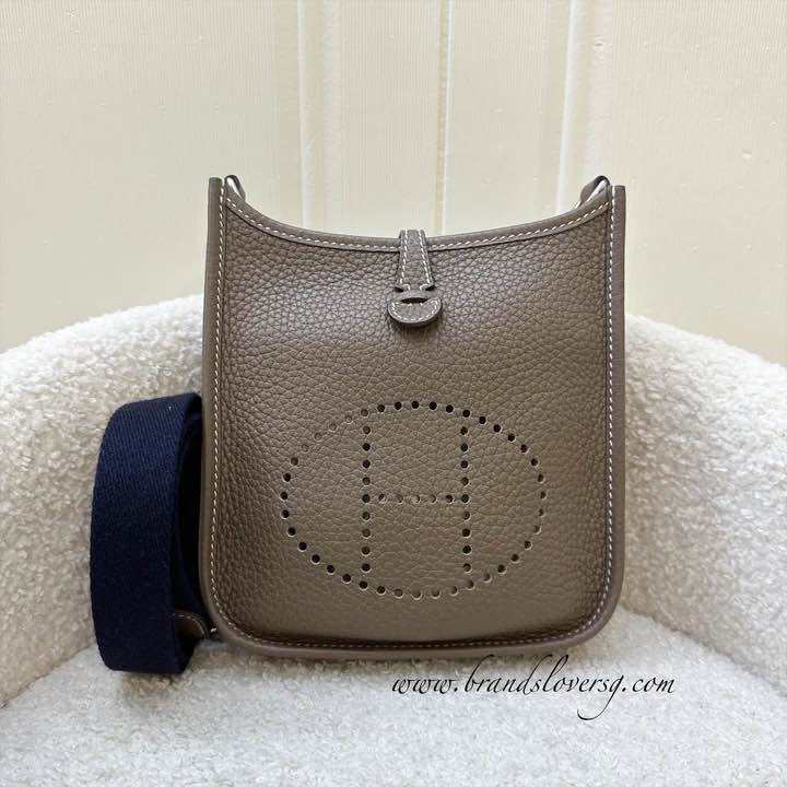 (Pre-loved) Hermes Mini Evelyne 16 TPM in Etoupe Clemence Leather with Bleu Indigo Strap and PHW