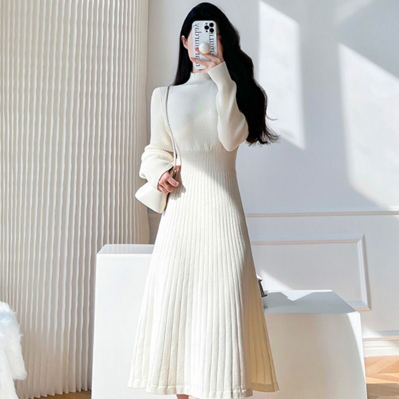 Fancy Half Turtleneck Knitted Long-Sleeved Dress Women's Autumn and Winter Coat Inner Wear Base Overknee Sweater Long Skirt
