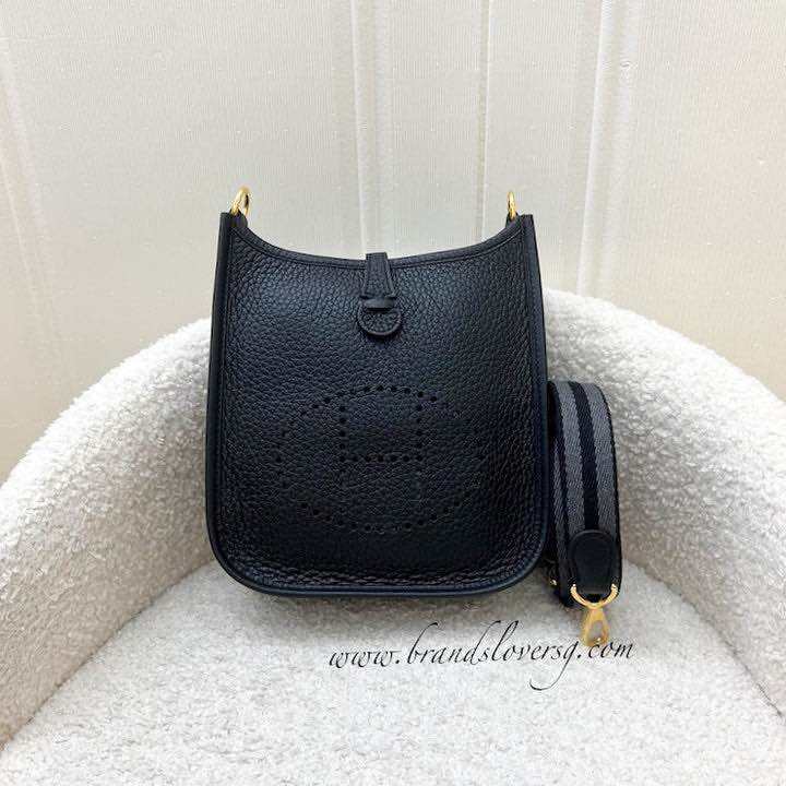 (Brand new) Hermes Mini Evelyne TPM in Noir Black Clemence Leather, Striped Strap and GHW