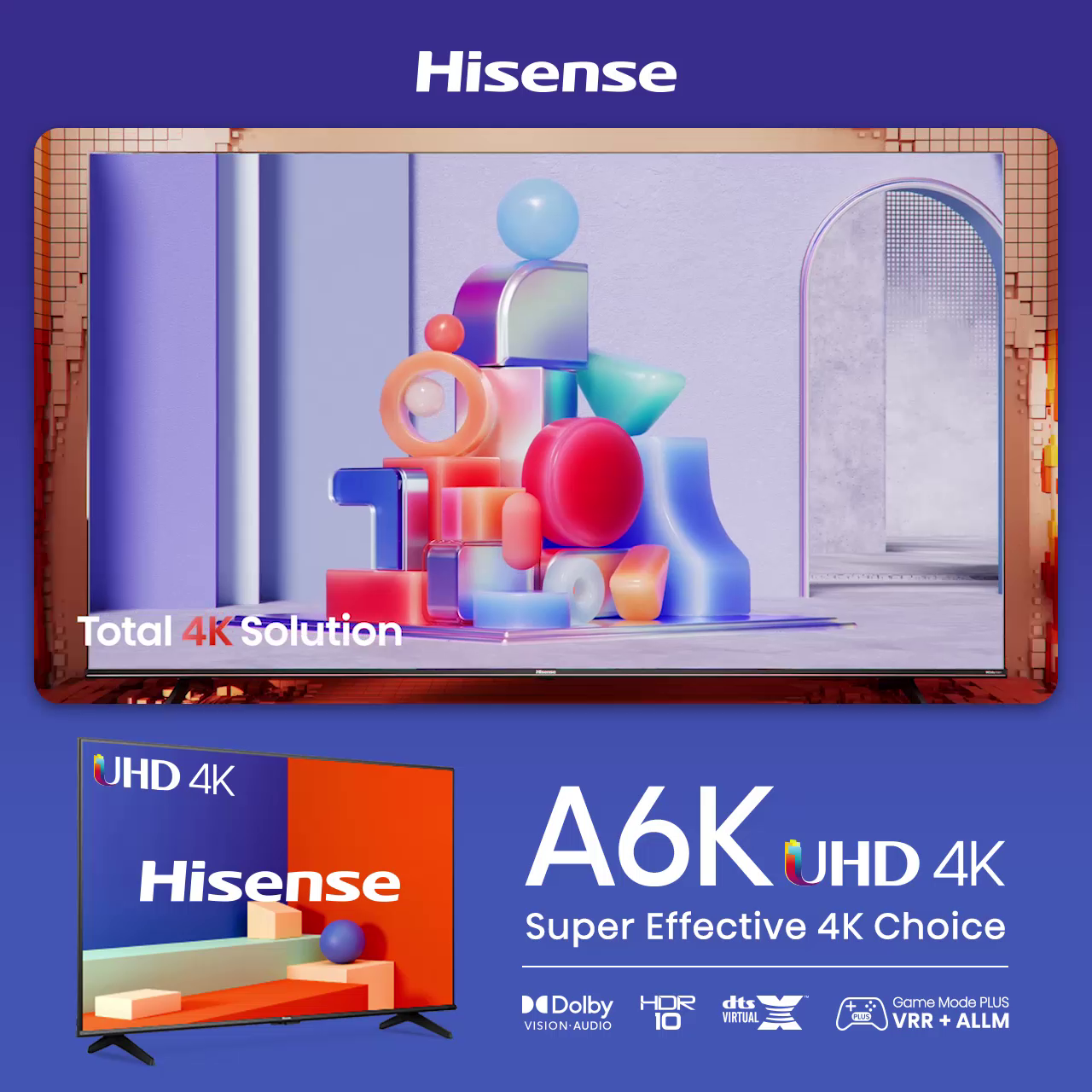 Hisense A6K Smart TV 75 inch | UHD | Direct Full Array | AI Adaptive Depth | Dolby Vision | Dolby Audio | VRR + ALLM | Pixel Tuning | AI Picture Optimisation | MEMC | 120 Smooth Motion | Precision Col