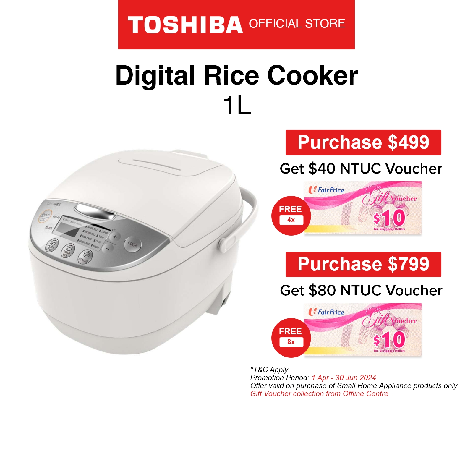 [FREE GIFT]Toshiba RC-10DR1NS White Unique T4.0 mm Copper Forged Pot Digital Rice Cooker, 1.0L