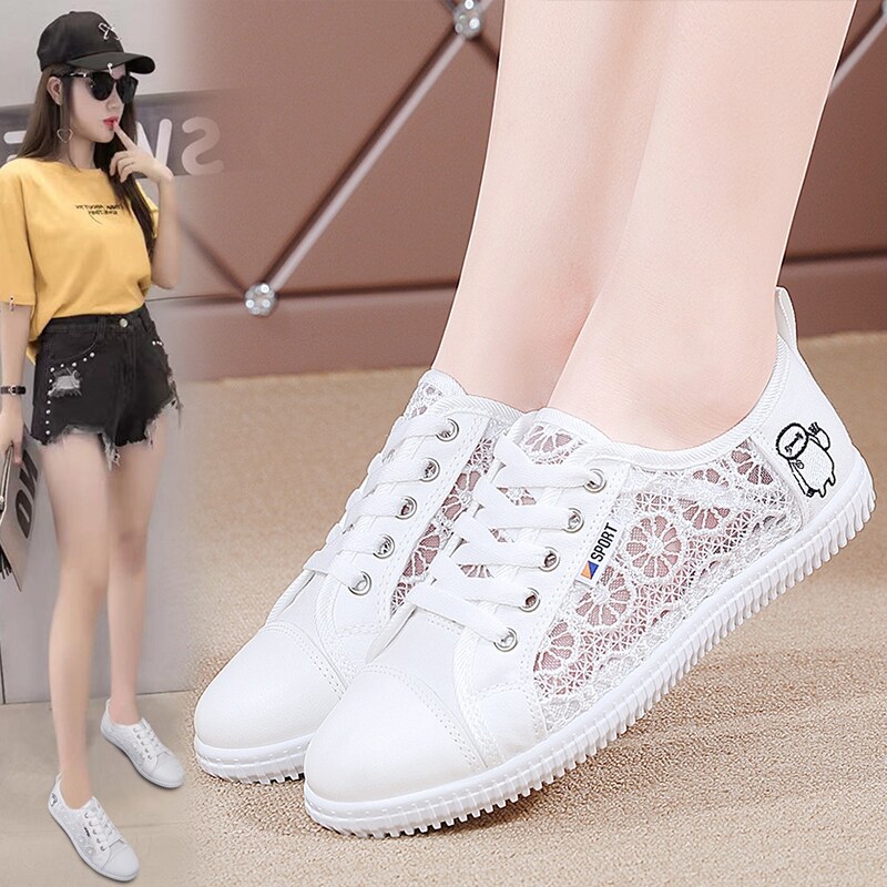 Women White Flat Shoes Korean Style Sneakers Plus Size 41 Lace Up Ladies Rubber Casual Women Shoes