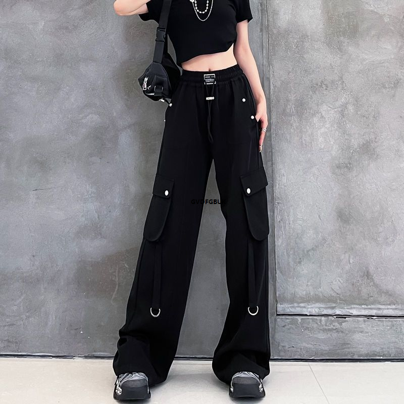 Chinos  Pants  ◘Pants children's trousers cargo pants pockets are thin straight personality waist elastic new spring/summer pants women's wide legs p3468㏇0229