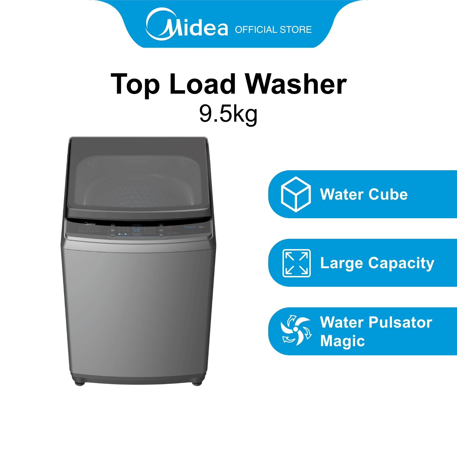 Midea MA200W95 Grey Top Load Washing Machine, 9.5kg, Water Efficiency 3 Ticks