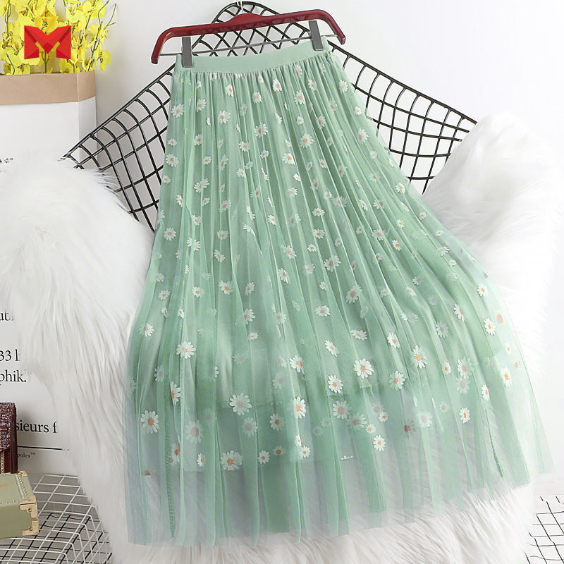 Hot Sale Women Long Skirts High Waist 3 Layers Mesh Gauze Skirt Girl Pleated Print Sweet A- Line Skirt