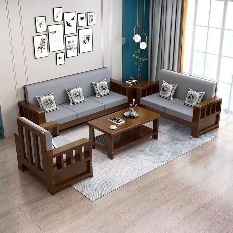 Solid Wood Sofa Combination Living Room Modern Minimalist Three-Seat Wooden Sofa New Chinese Small Apartment Wooden Art-Sofa